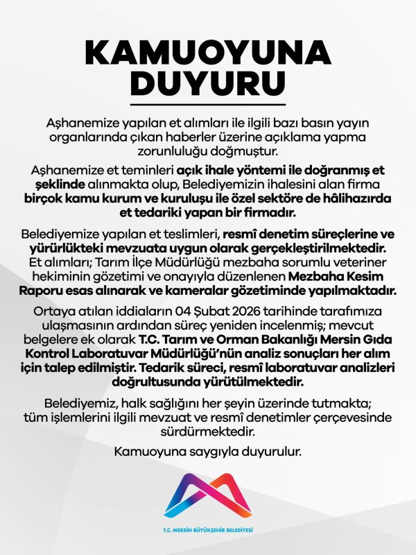 Mersin Büyükşehir Belediyesi’nden At Eti İddialarına İlişkin Açıklama