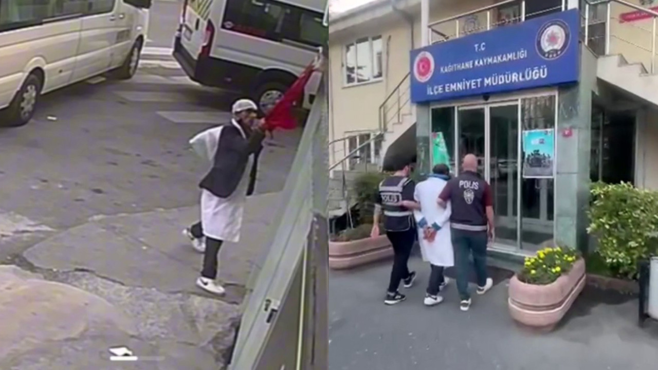 İstanbul'da skandal görüntü! Türk bayrağını söküp yere attı